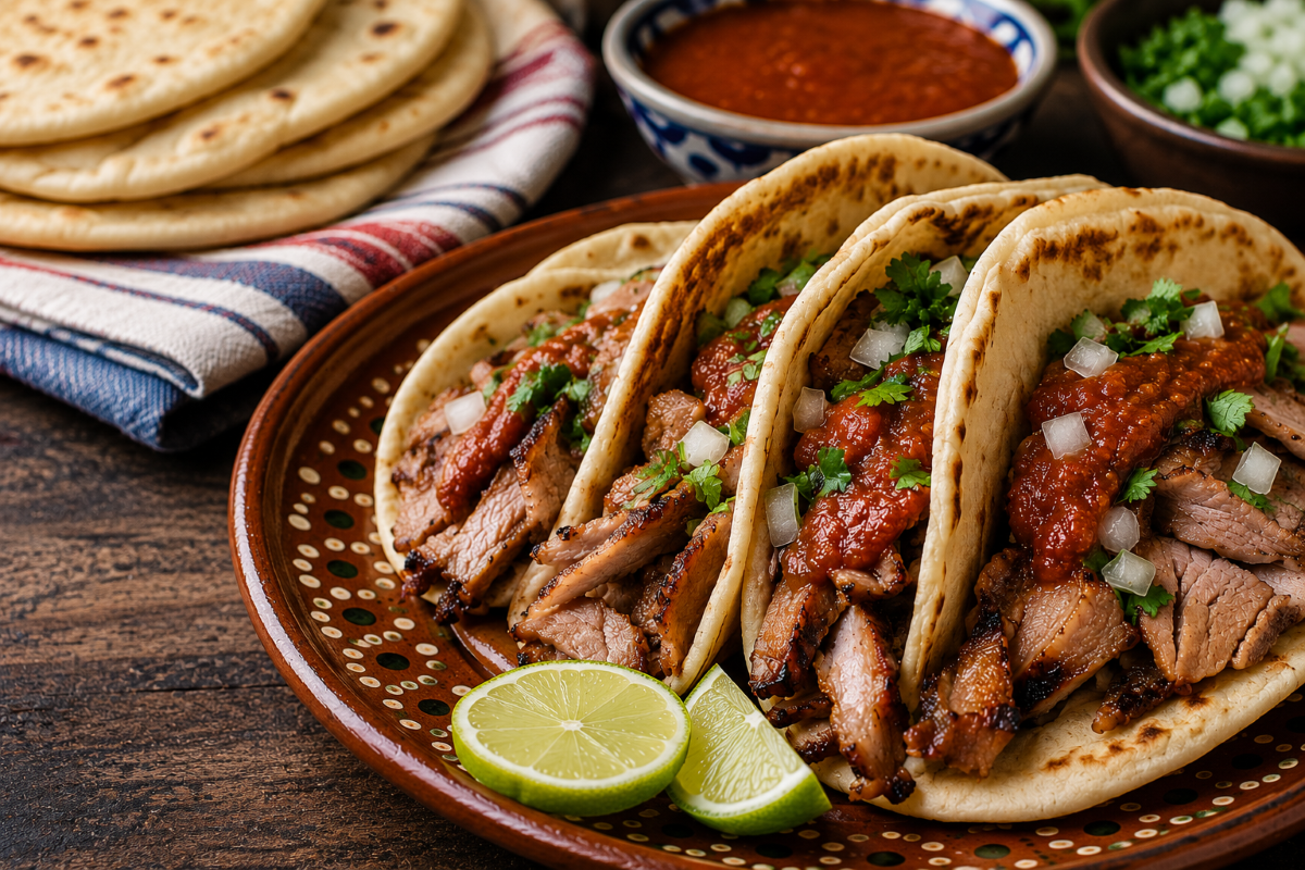 Authentic Tacos Árabes made with marinated grilled pork served in warm pan árabe, topped with smoky chipotle salsa, diced white onion, and fresh cilantro on a rustic ceramic plate with lime wedges.
