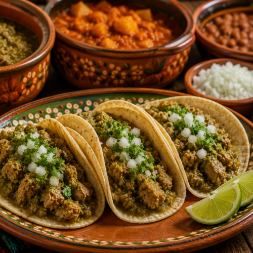 Authentic Tacos de Guisado served on warm corn tortillas filled with chicharrón en salsa verde, topped with diced white onion and fresh cilantro, with traditional clay cazuelas of homemade Mexican stews in the background.