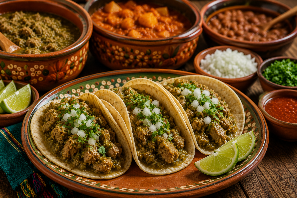 Authentic Tacos de Guisado served on warm corn tortillas filled with chicharrón en salsa verde, topped with diced white onion and fresh cilantro, with traditional clay cazuelas of homemade Mexican stews in the background.