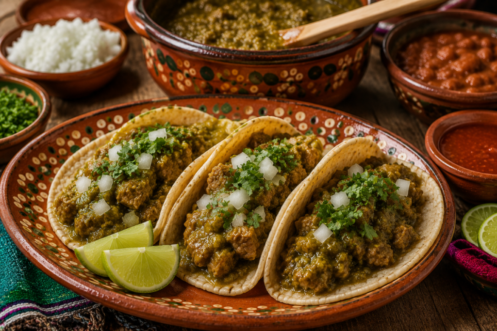 Authentic Tacos de Guisado filled with chicharrón en salsa verde, topped with diced white onion and fresh cilantro, served on warm corn tortillas with lime wedges and traditional clay cazuelas in the background.