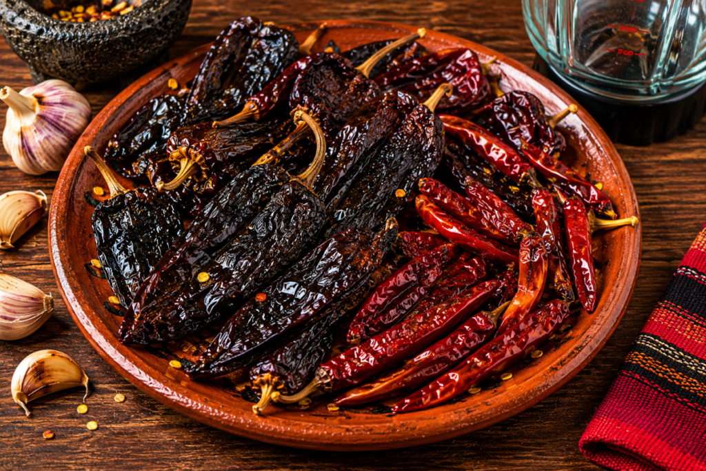 Toasted dried chiles prepared for blending into traditional Mexican salsa