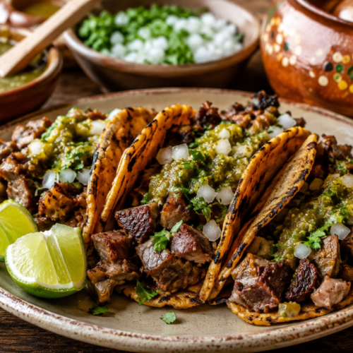 Authentic tripas tacos served on lightly charred corn tortillas and topped with salsa verde, diced onion, and cilantro on a rustic wooden table with lime wedges and traditional Mexican serving bowls.
