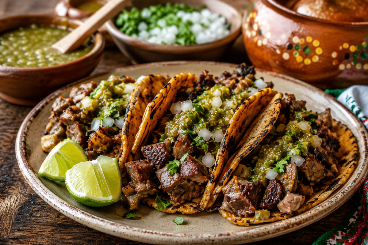 Authentic tripas tacos served on lightly charred corn tortillas and topped with salsa verde, diced onion, and cilantro on a rustic wooden table with lime wedges and traditional Mexican serving bowls.