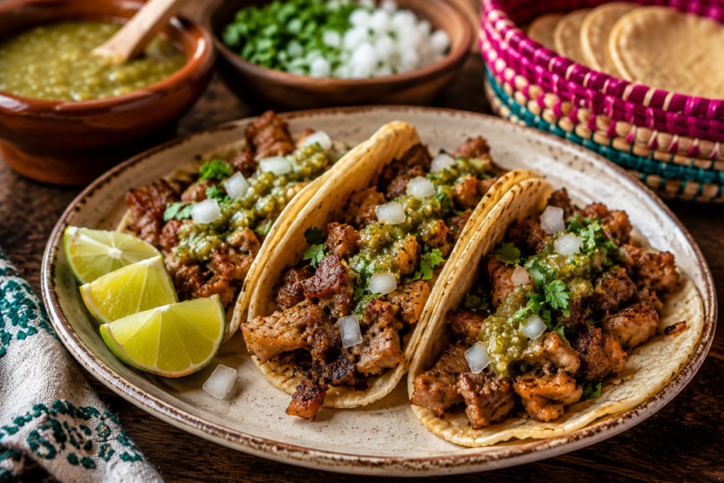 Crispy tripas tacos served on warm corn tortillas and topped with salsa verde, diced onion, and fresh cilantro, with lime wedges and traditional Mexican toppings on a rustic table.