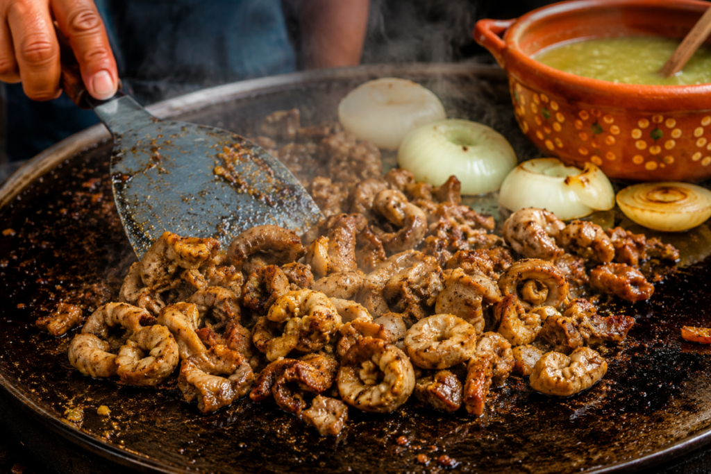 Tripas cooking on a hot comal as they crisp and brown, with grilled onions and salsa verde nearby for authentic Mexican street taco preparation.