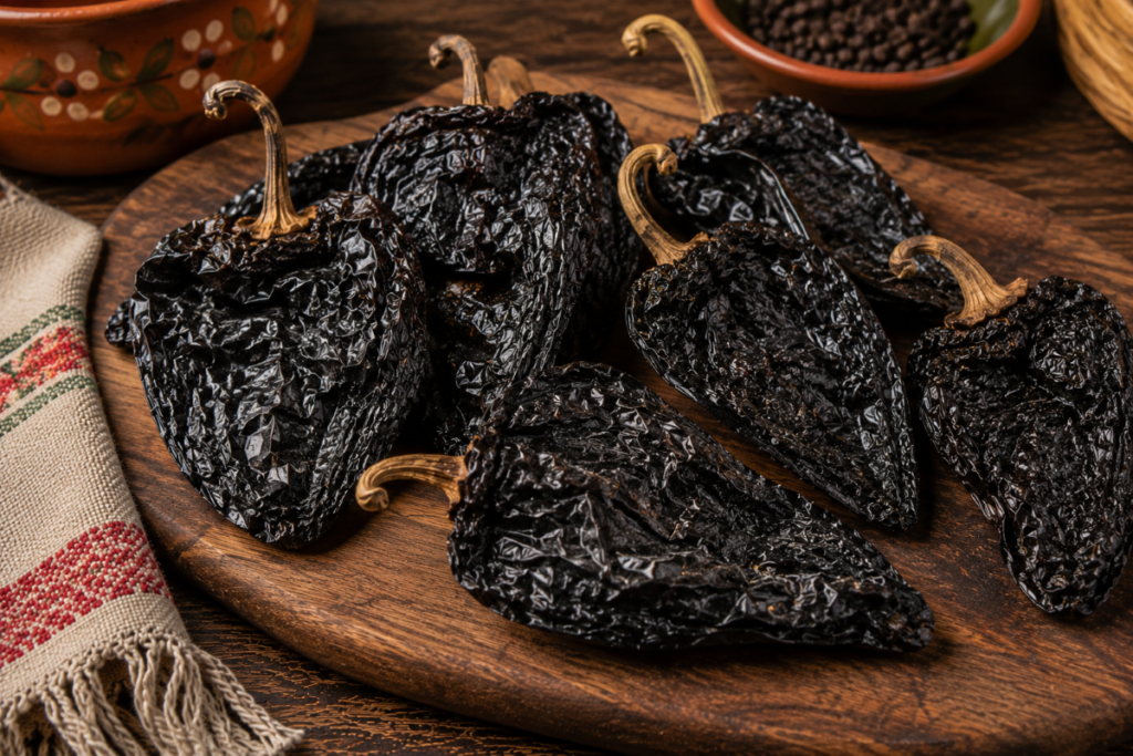 Dark dried ancho chiles on a rustic wooden board used in traditional Mexican sauces