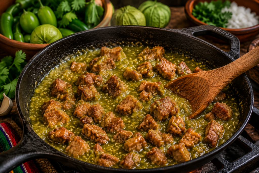 Chicharrón simmering in homemade salsa verde in a cast iron skillet with tomatillos, serrano peppers, garlic, and fresh cilantro on a rustic wooden table.