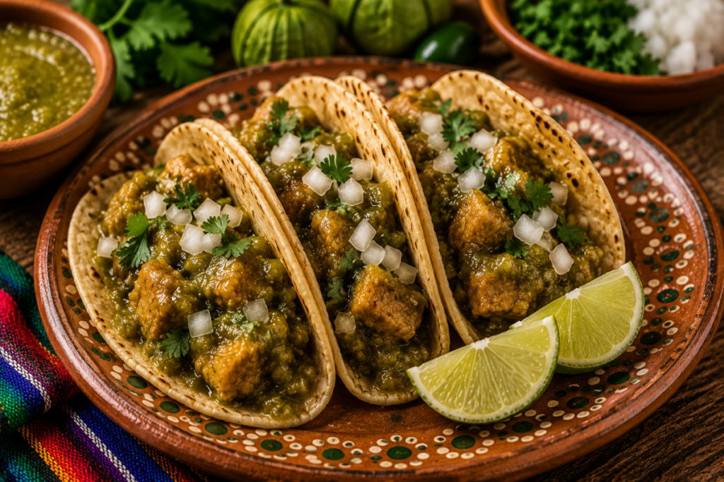Authentic chicharrón en salsa verde tacos served on warm corn tortillas and topped with diced white onion and fresh cilantro, garnished with lime wedges and homemade salsa verde on a rustic Mexican table.