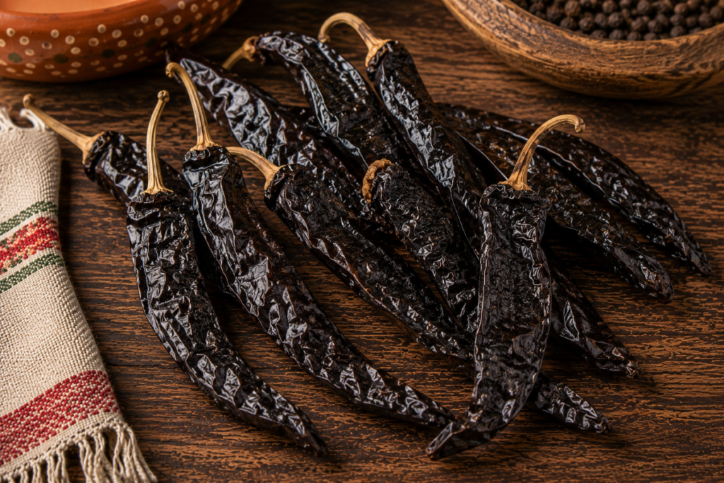 Long dried pasilla chiles on a rustic wooden table used in traditional Mexican cooking