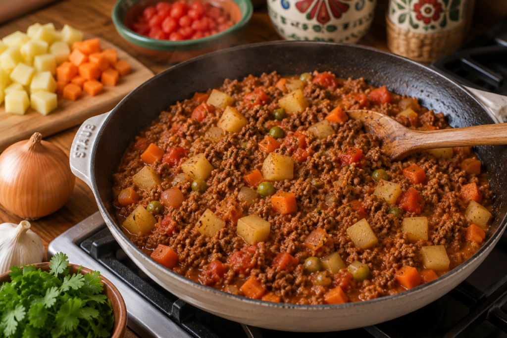 Ground beef, potatoes, carrots, tomatoes, and peas simmer together in a skillet to make authentic Mexican picadillo.
