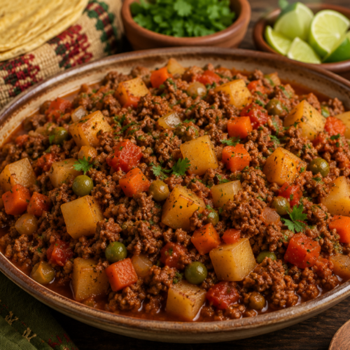 Authentic Mexican picadillo made with seasoned ground beef, potatoes, carrots, peas, and tomatoes, served with warm corn tortillas and fresh lime.