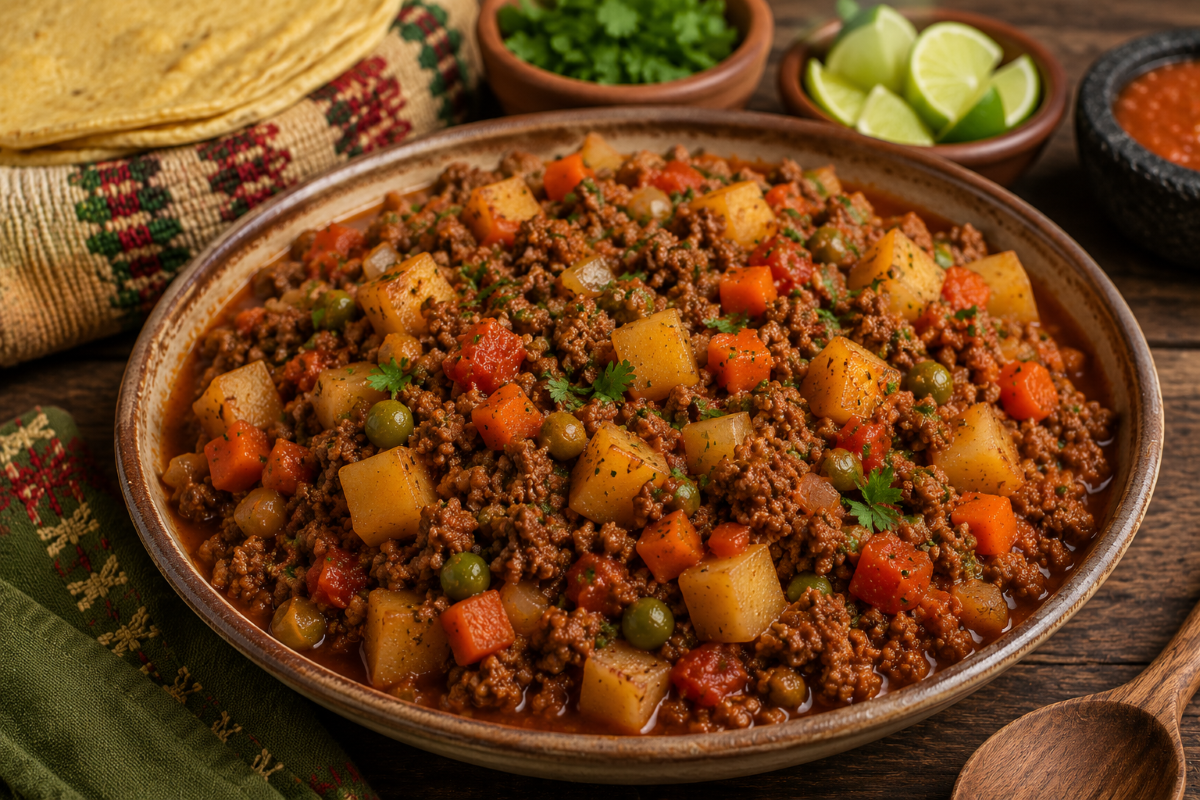 Authentic Mexican picadillo made with seasoned ground beef, potatoes, carrots, peas, and tomatoes, served with warm corn tortillas and fresh lime.
