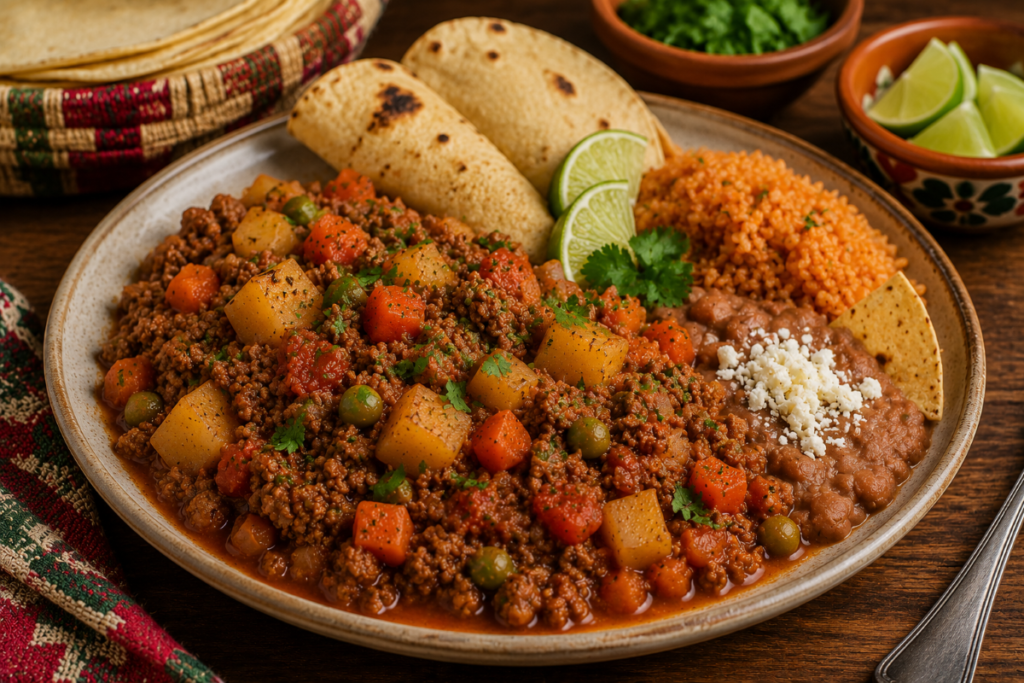 Authentic Mexican picadillo served with Mexican rice, refried beans, warm corn tortillas, fresh cilantro, and lime wedges on a rustic plate.