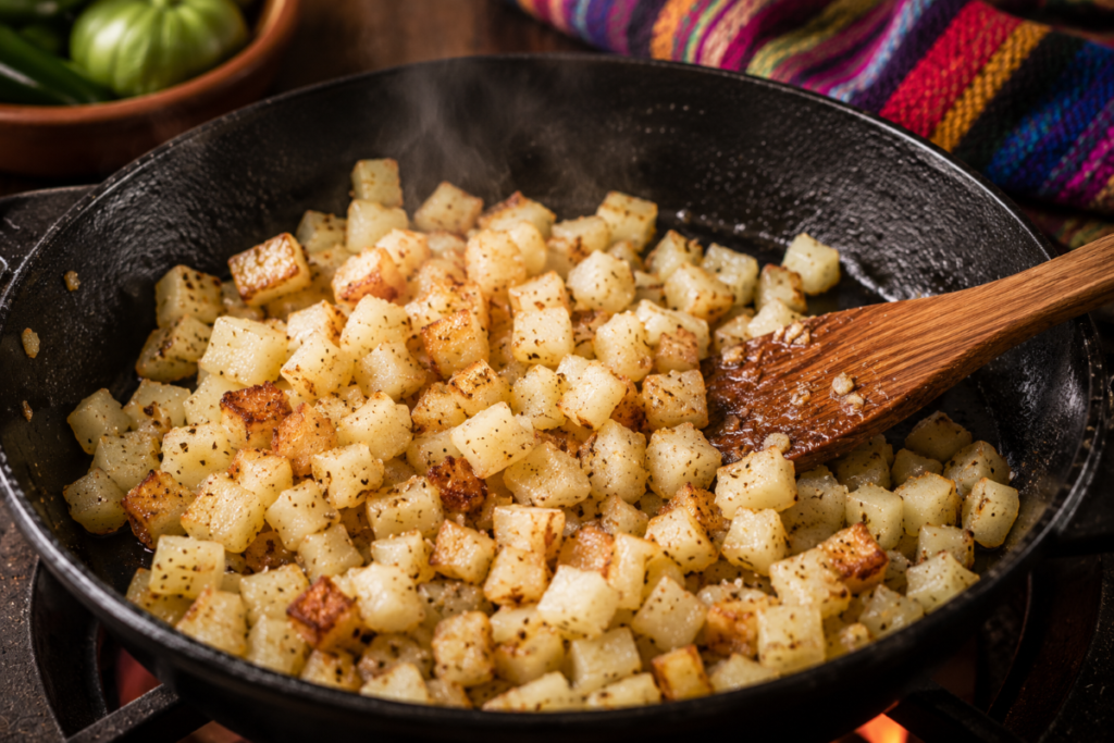 Seasoned diced potatoes cooking in a cast-iron skillet for crispy tacos de papa