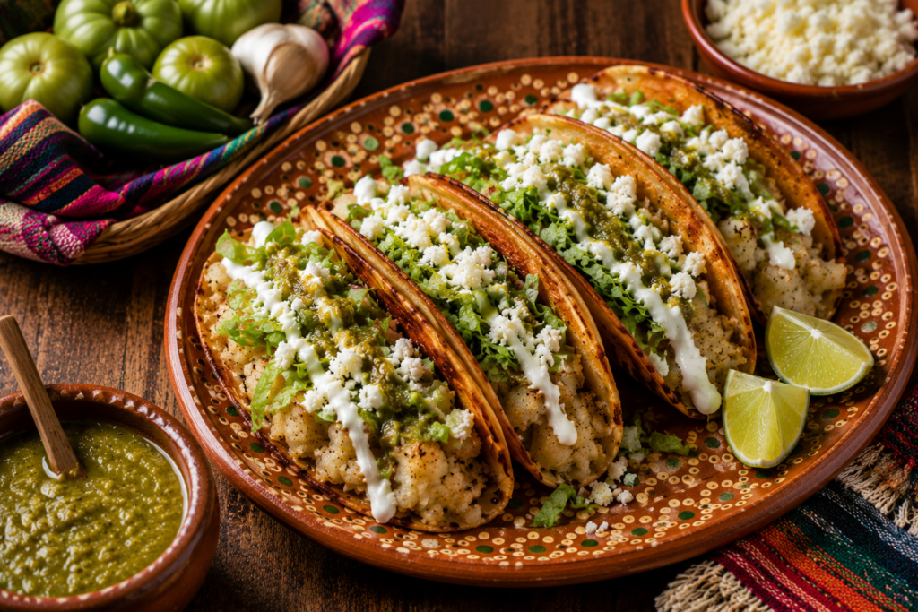 Crispy tacos de papa filled with seasoned potatoes and topped with lettuce, queso fresco, Mexican crema, and salsa verde.