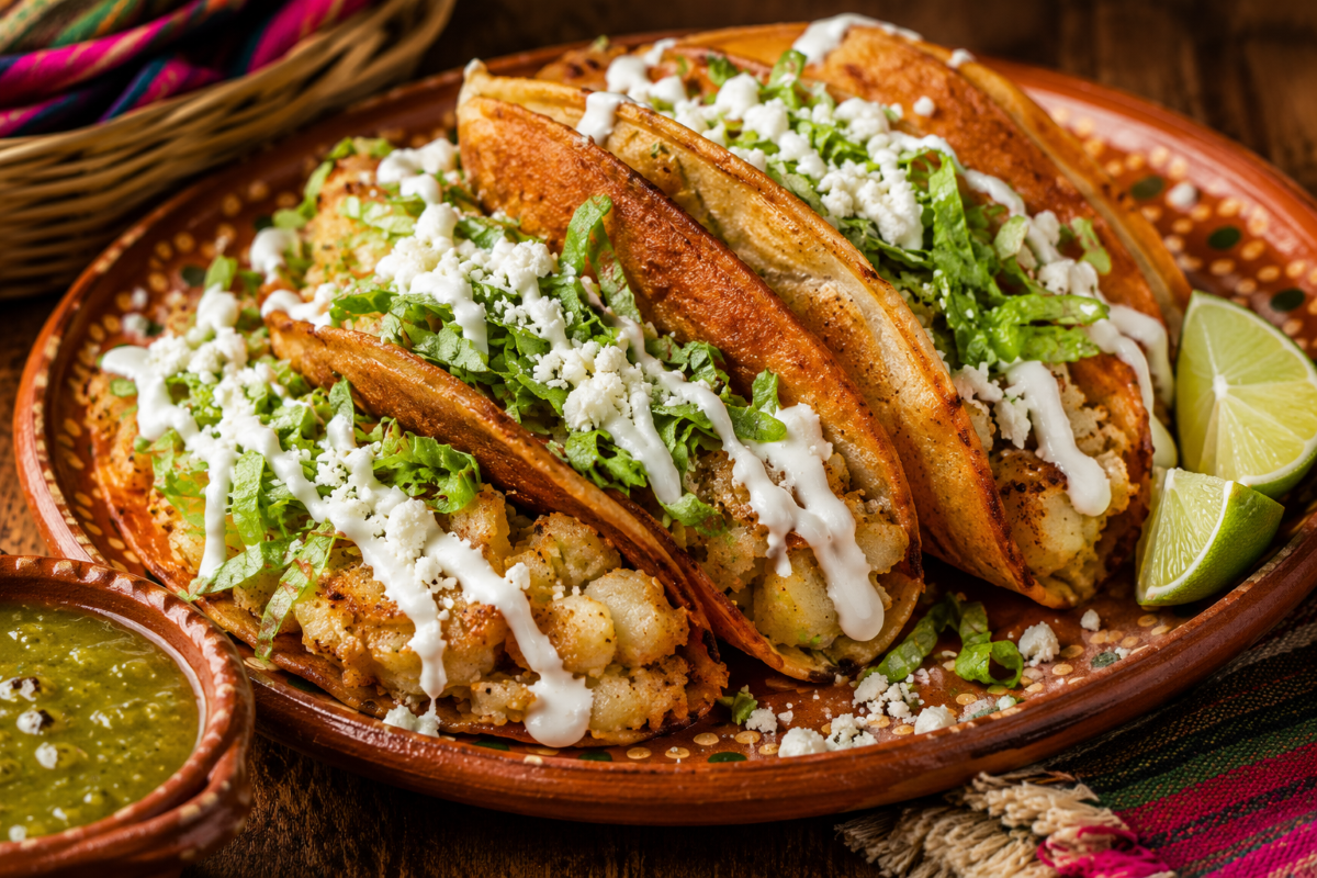 Crispy tacos de papa filled with seasoned potatoes and topped with shredded lettuce, queso fresco, Mexican crema, salsa verde, and lime.