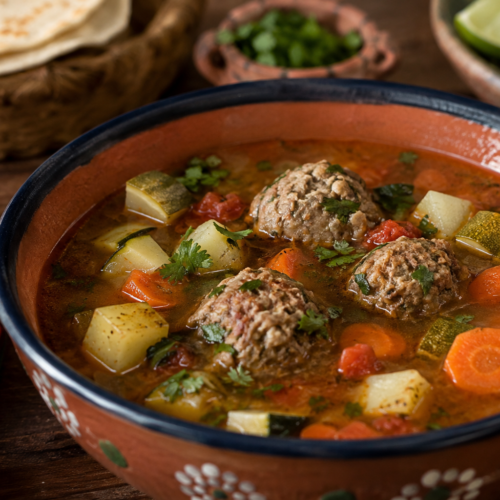 Mexican albóndigas soup with tender beef meatballs, potatoes, carrots, and zucchini in a rich tomato broth.