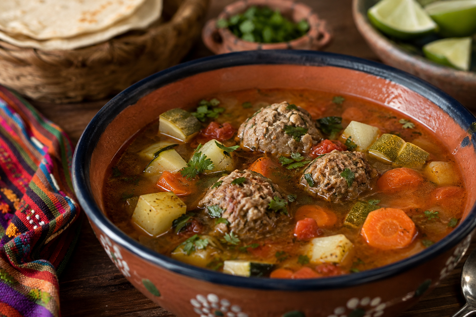 Mexican albóndigas soup with tender beef meatballs, potatoes, carrots, and zucchini in a rich tomato broth.