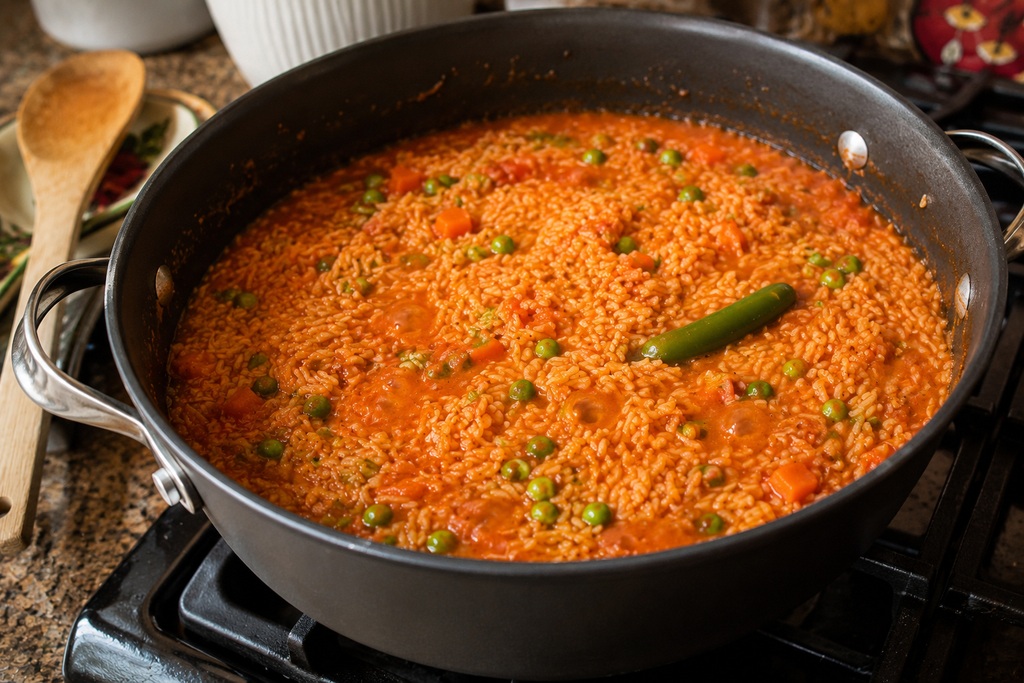 Mexican arroz rojo simmering in a pot with tomato broth, long-grain rice, peas, carrots, and a whole serrano pepper.