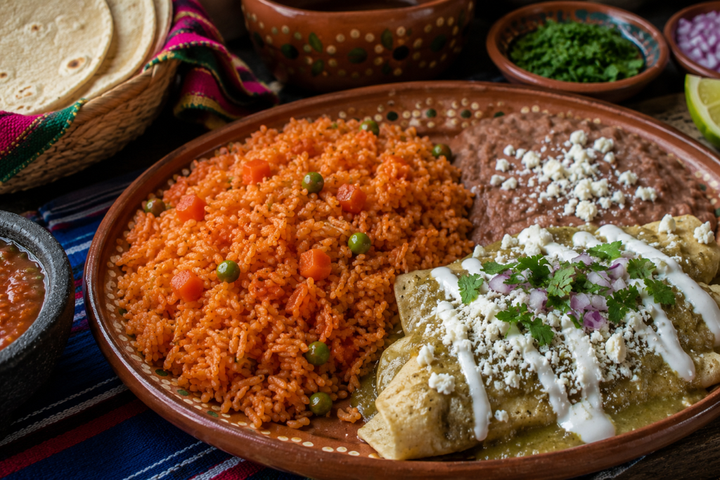 Mexican arroz rojo with peas and carrots served alongside enchiladas verdes and refried beans on a traditional clay plate.