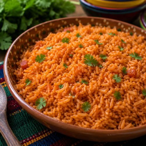 Authentic Mexican arroz rojo with fluffy tomato-seasoned rice and fresh cilantro served in a traditional clay bowl.