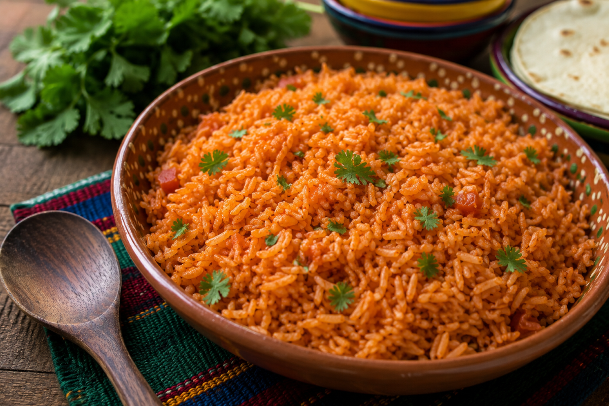 Authentic Mexican arroz rojo with fluffy tomato-seasoned rice and fresh cilantro served in a traditional clay bowl.
