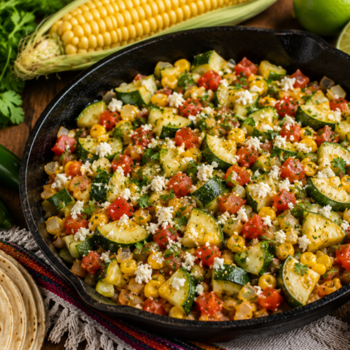 Calabacitas con elote with zucchini, corn, tomatoes, onion, jalapeño, and crumbled cheese cooked in a cast iron skillet, served with warm corn tortillas.