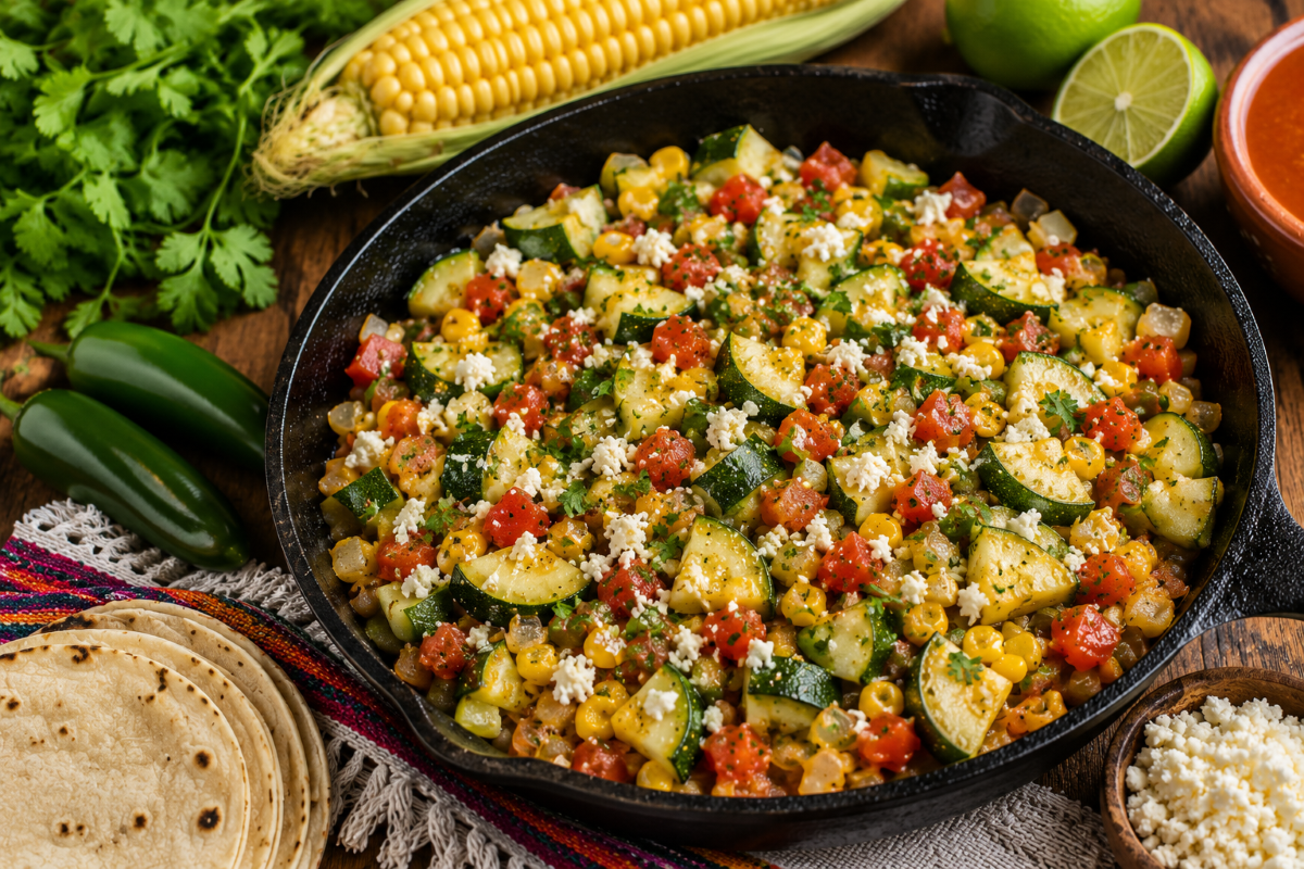 Calabacitas con elote with zucchini, corn, tomatoes, onion, jalapeño, and crumbled cheese cooked in a cast iron skillet, served with warm corn tortillas.