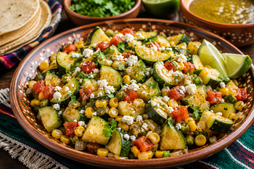 Calabacitas con elote served with zucchini, corn, tomatoes, onion, jalapeño, crumbled cheese, cilantro, and fresh lime.