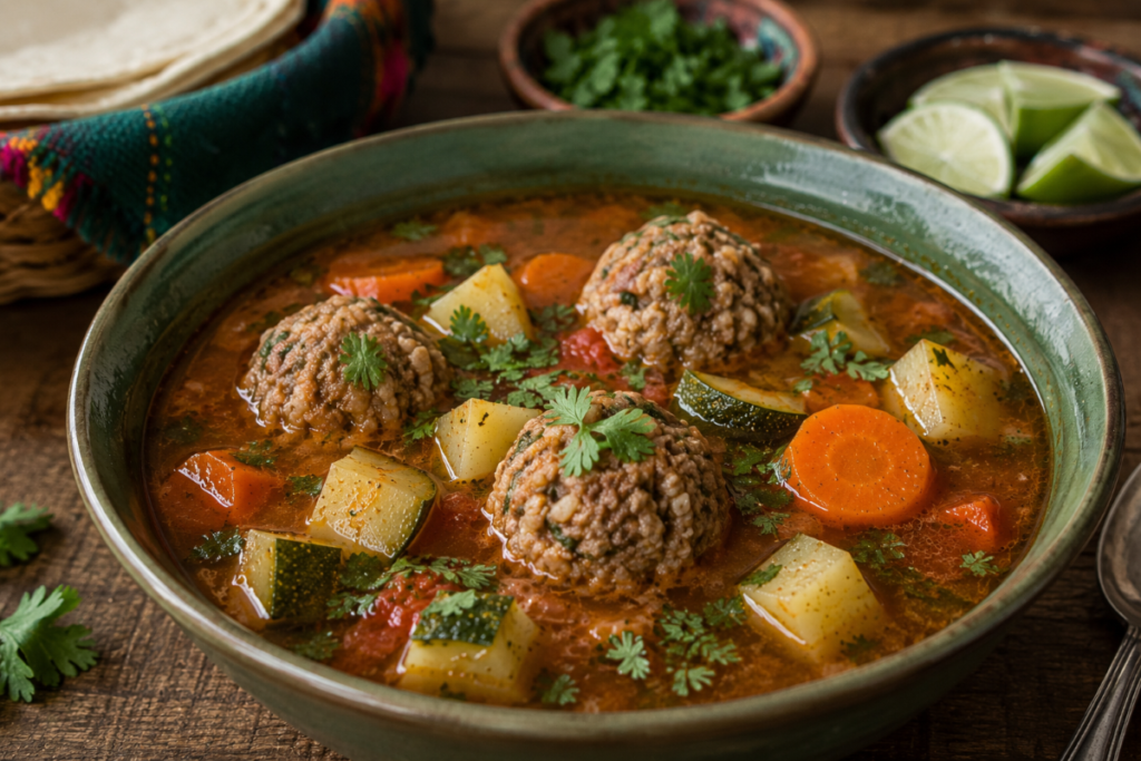 Mexican albóndigas soup with tender beef and rice meatballs, potatoes, carrots, and zucchini in a rich tomato broth.