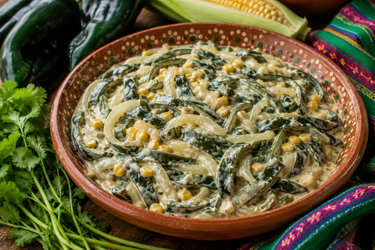 Rajas con crema with roasted poblano pepper strips, sliced onions, corn, and Mexican crema served in a traditional clay bowl.
