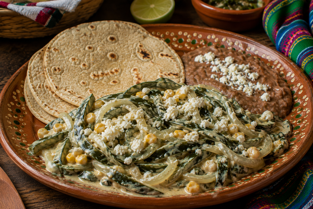 Rajas con crema with roasted poblano peppers, onions, corn, and cheese served with refried beans and warm corn tortillas.