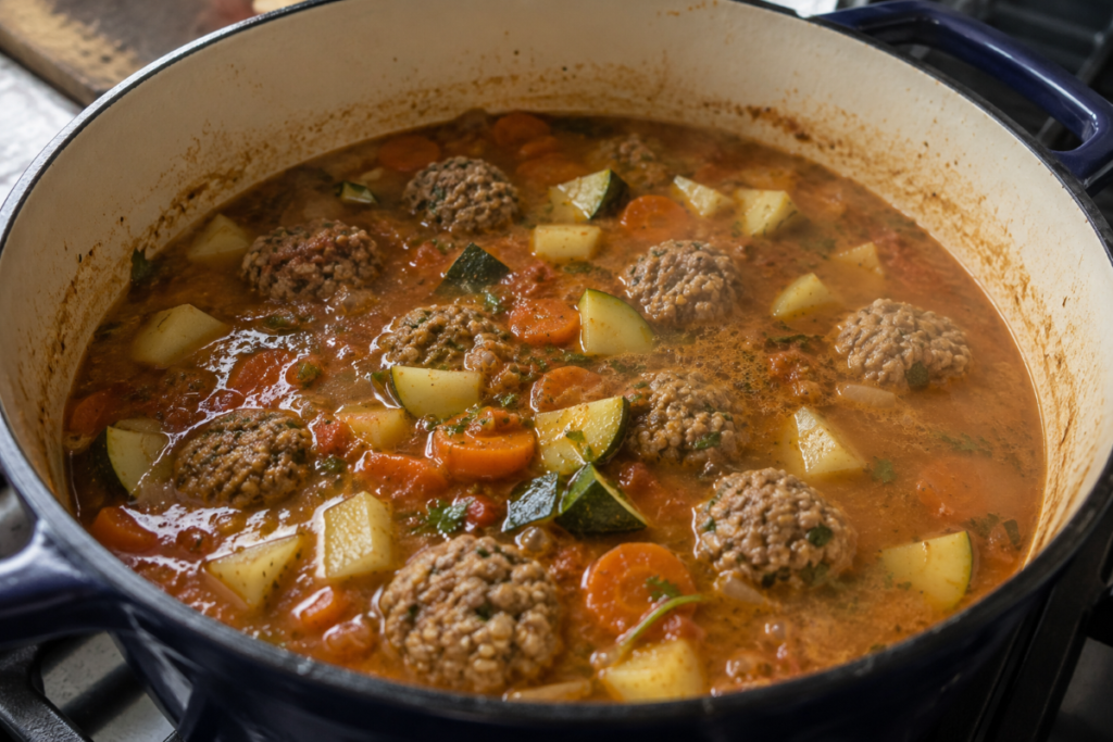 Mexican albóndigas soup simmering in a Dutch oven with beef meatballs, potatoes, carrots, and zucchini in tomato broth.