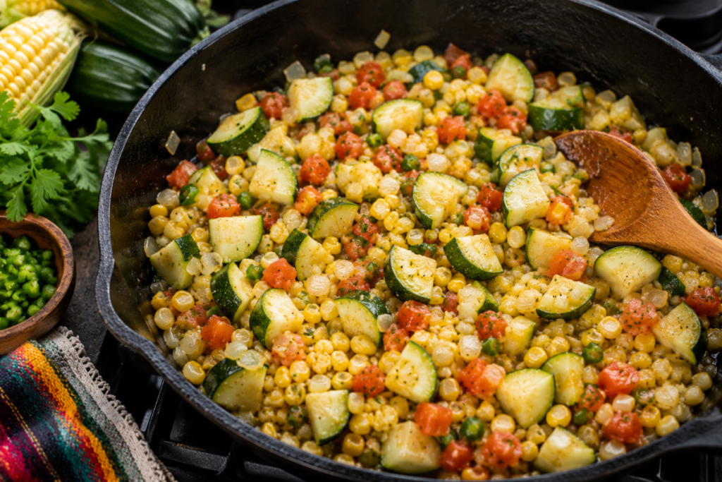 Calabacitas con elote cooking in a cast iron skillet with zucchini, corn, tomatoes, onion, and jalapeño.