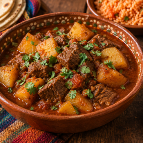 Carne con papas with tender beef and potatoes slow-simmered in a rich tomato sauce and topped with fresh cilantro.