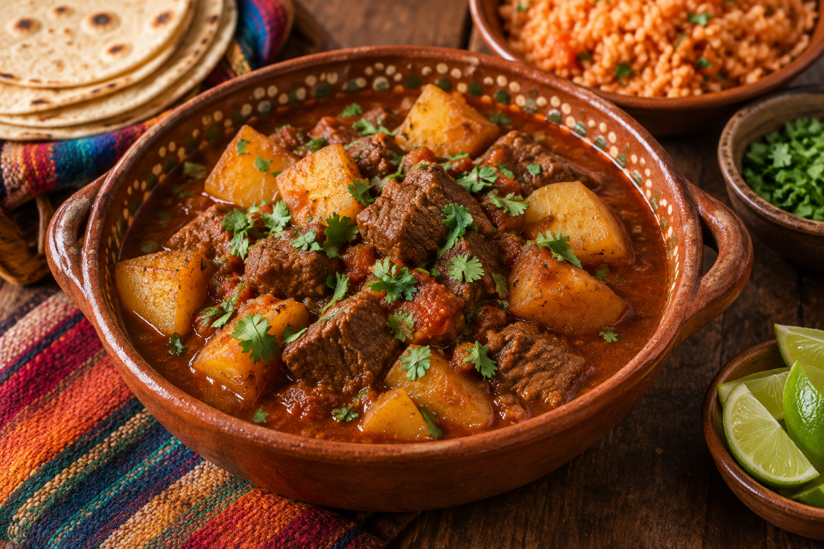 Carne con papas with tender beef and potatoes slow-simmered in a rich tomato sauce and topped with fresh cilantro.
