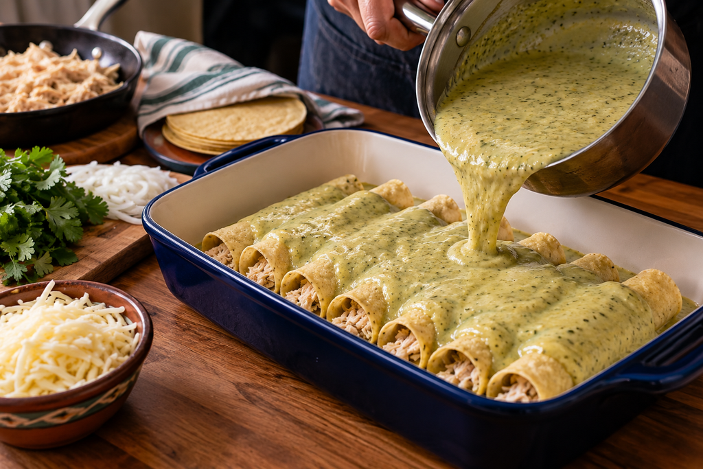 Enchiladas Suizas filled with shredded chicken as creamy green tomatillo sauce is poured over the rolled corn tortillas before baking.
