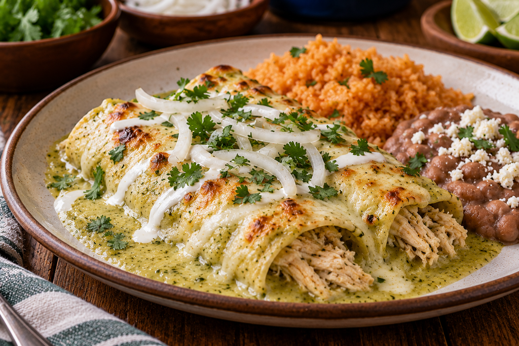 Enchiladas Suizas filled with shredded chicken and covered in creamy green tomatillo sauce and melted cheese, served with Mexican rice and beans.

