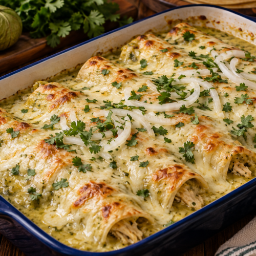 Enchiladas Suizas filled with shredded chicken and covered in creamy green tomatillo sauce, melted cheese, fresh cilantro, and sliced onion.