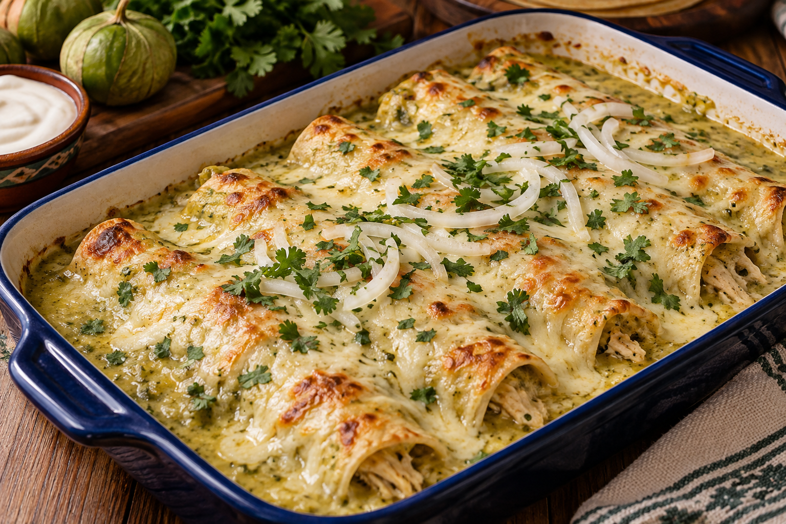 Enchiladas Suizas filled with shredded chicken and covered in creamy green tomatillo sauce, melted cheese, fresh cilantro, and sliced onion.