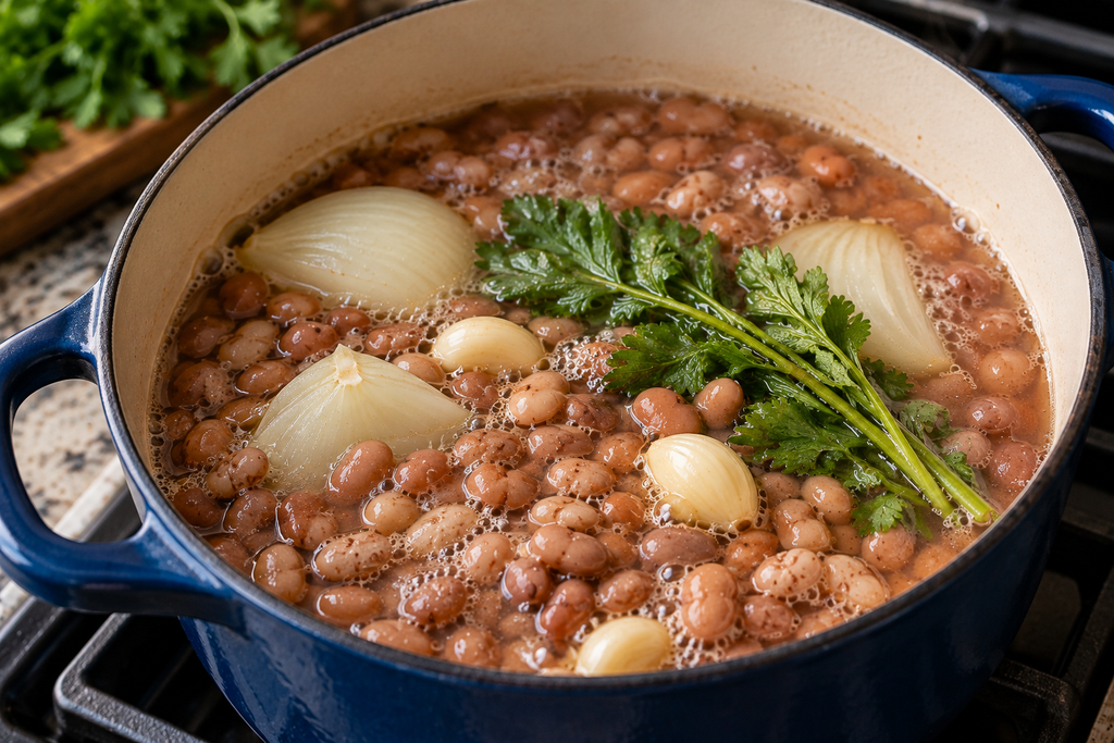Pinto beans simmering with onion, garlic, and fresh epazote in a Dutch oven for homemade frijoles de la olla.
