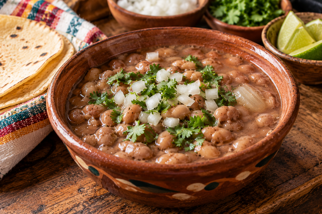 Frijoles de la olla served in a rustic bowl with tender pinto beans, flavorful broth, chopped white onion, and fresh cilantro alongside warm corn tortillas.
