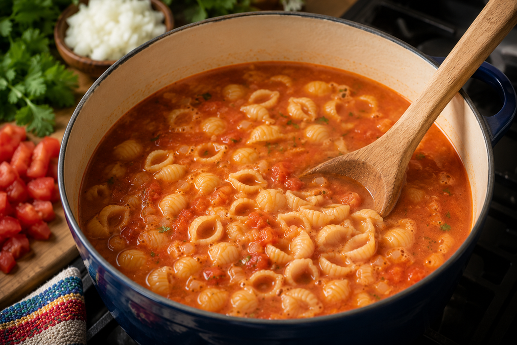 Mexican macaroni sopita de conchas simmering in tomato broth in a Dutch oven with a wooden spoon.
