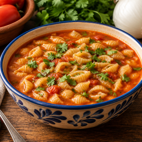 Mexican macaroni sopita de conchas with shell pasta simmered in tomato broth and topped with fresh cilantro.