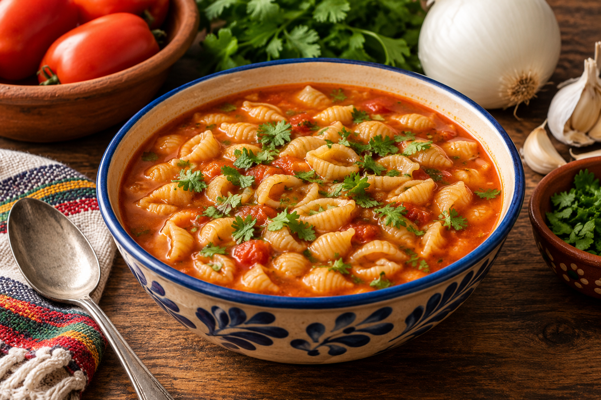 Mexican macaroni sopita de conchas with shell pasta simmered in tomato broth and topped with fresh cilantro.