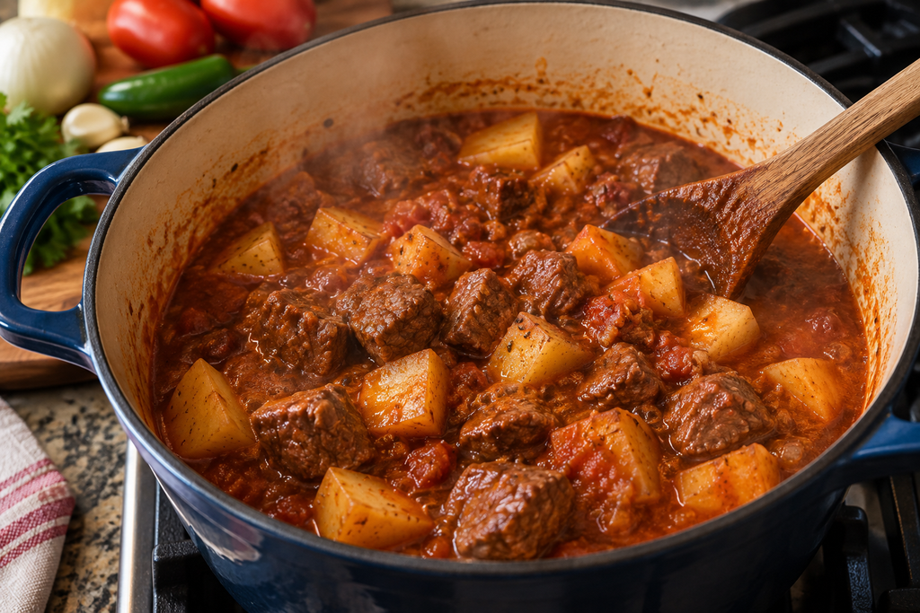Carne con papas simmering in a Dutch oven with tender beef, potatoes, and a rich tomato sauce.