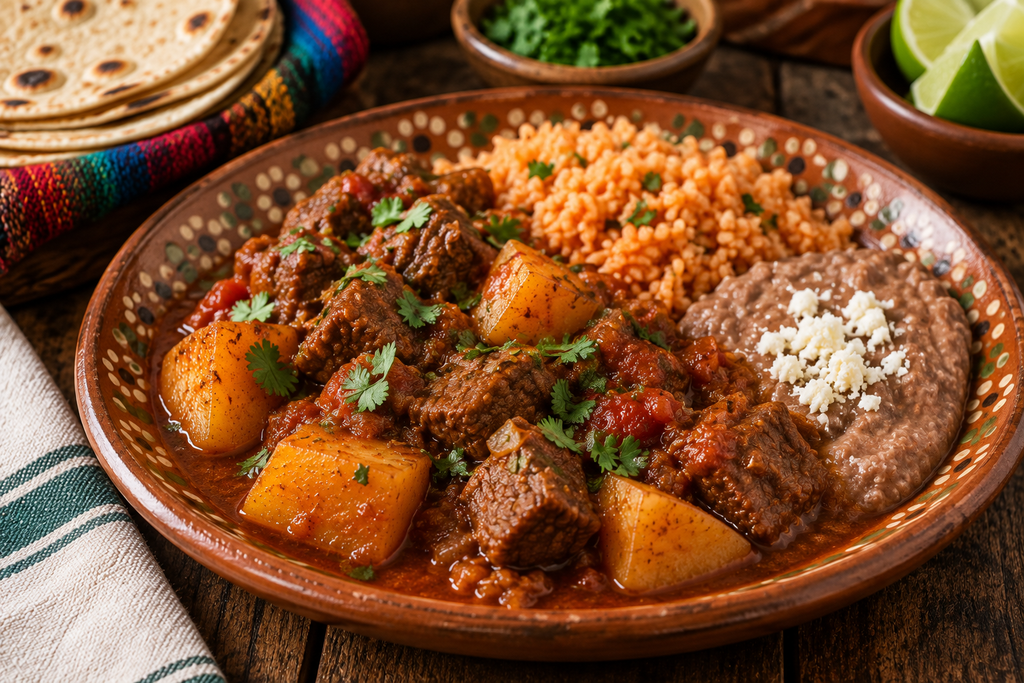 Carne con papas with tender beef and potatoes in a rich tomato sauce, served with Mexican rice, refried beans, and warm tortillas.