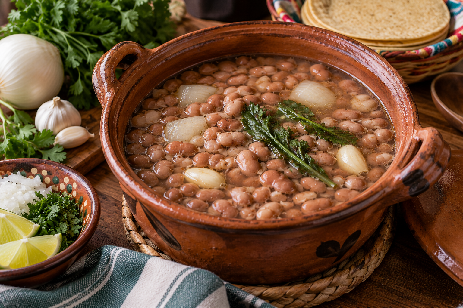 Frijoles de la olla with tender pinto beans, onion, garlic, and fresh herbs simmered in a traditional clay pot with warm corn tortillas.