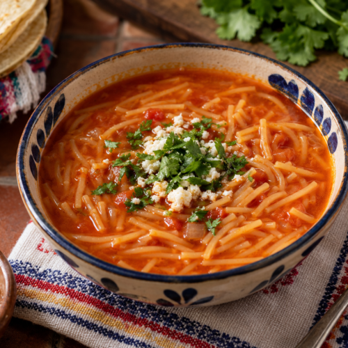 Traditional Mexican sopa de fideo with tender noodles in a rich red tomato broth, topped with fresh cilantro and crumbled queso fresco.