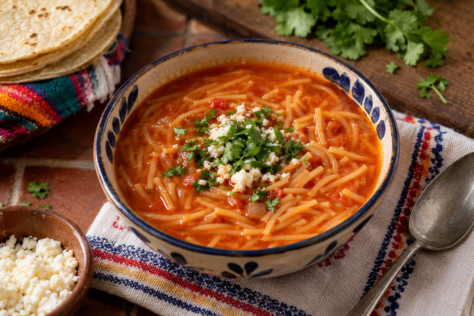 Traditional Mexican sopa de fideo with tender noodles in a rich red tomato broth, topped with fresh cilantro and crumbled queso fresco.